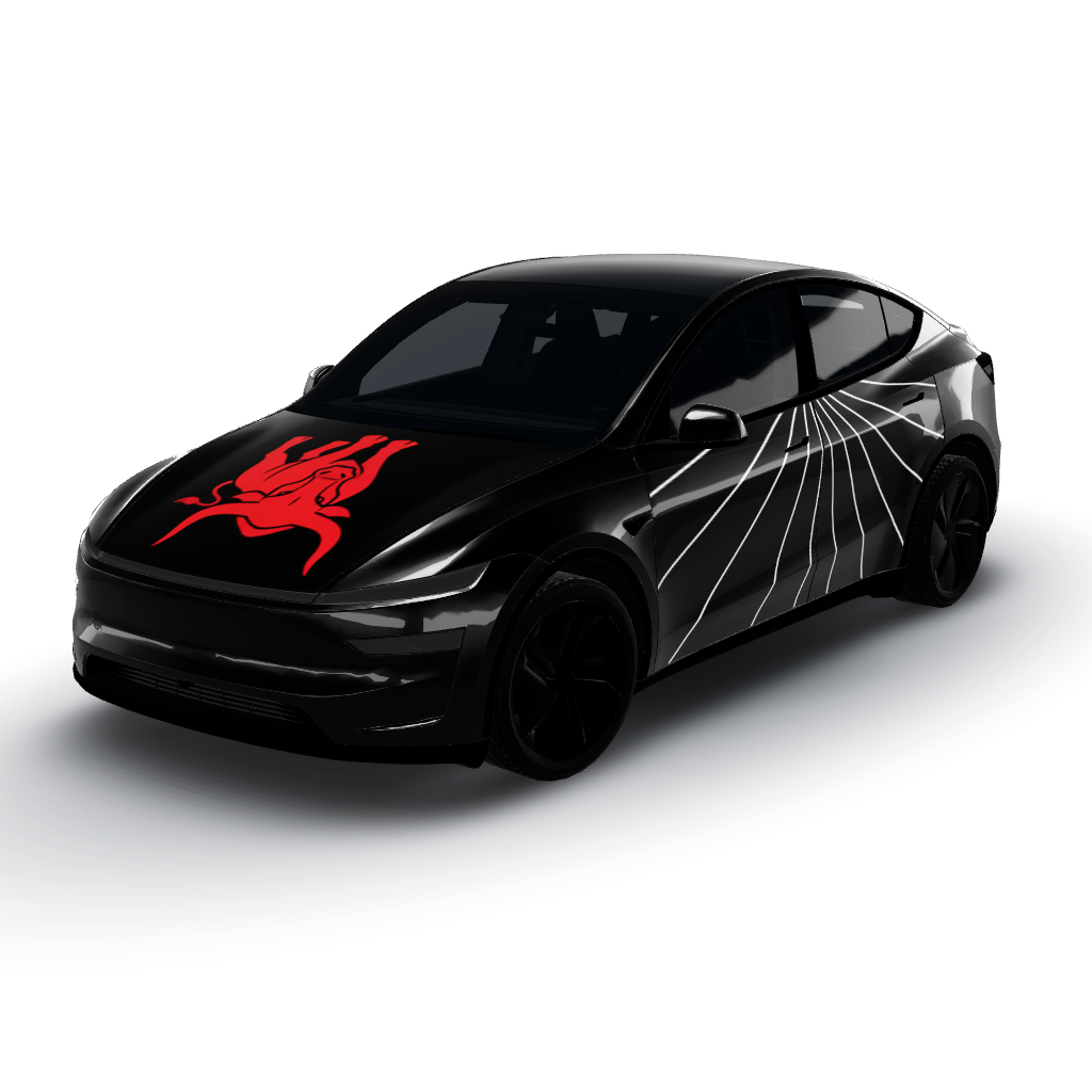 Centered and upright red Radiohead Minotaur — a Model Y (2025+) Premium wearing this AI wrap design