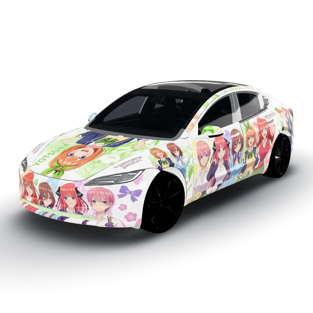 Glossy wrap with a white background — a Model 3 (2024+) Standard & Premium wearing this AI wrap design