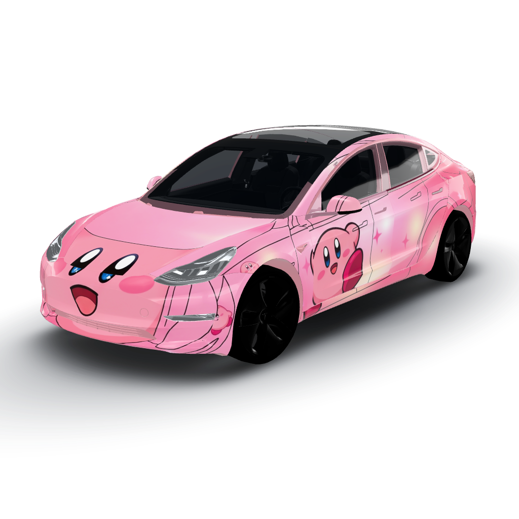 Features a vibrant pink color palette — a Model 3 wearing this AI wrap design