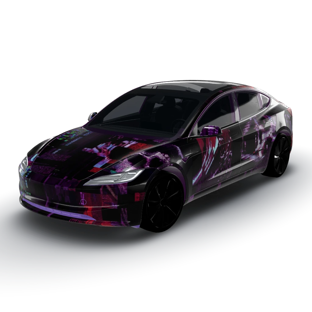 Cursed low-res JPEG artifacts and glitch — a Model 3 (2024+) Standard & Premium wearing this AI wrap design