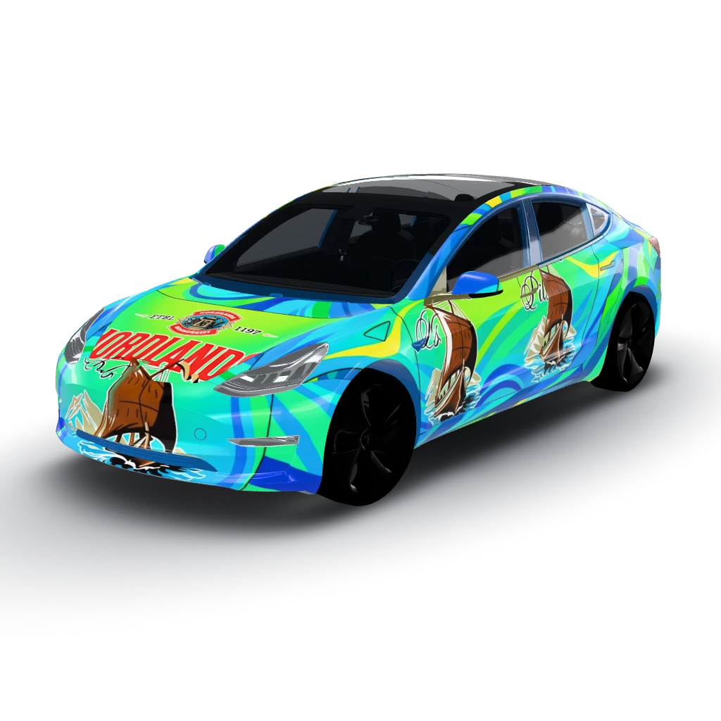 Vibrant and dynamic vinyl wrap features — a Model 3 wearing this AI wrap design