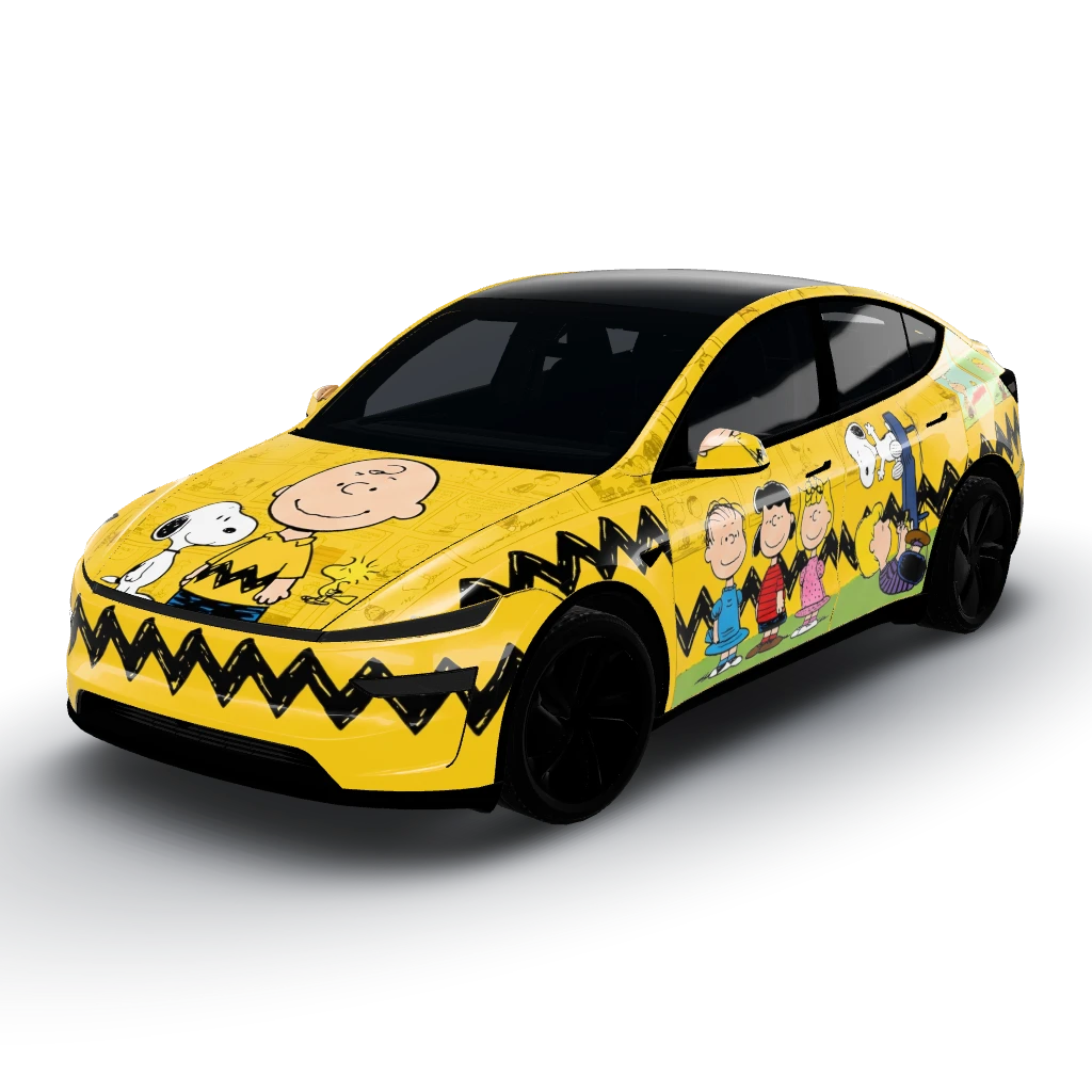 Charlie Brown theme — a Model Y (2025+) Premium wearing this AI wrap design