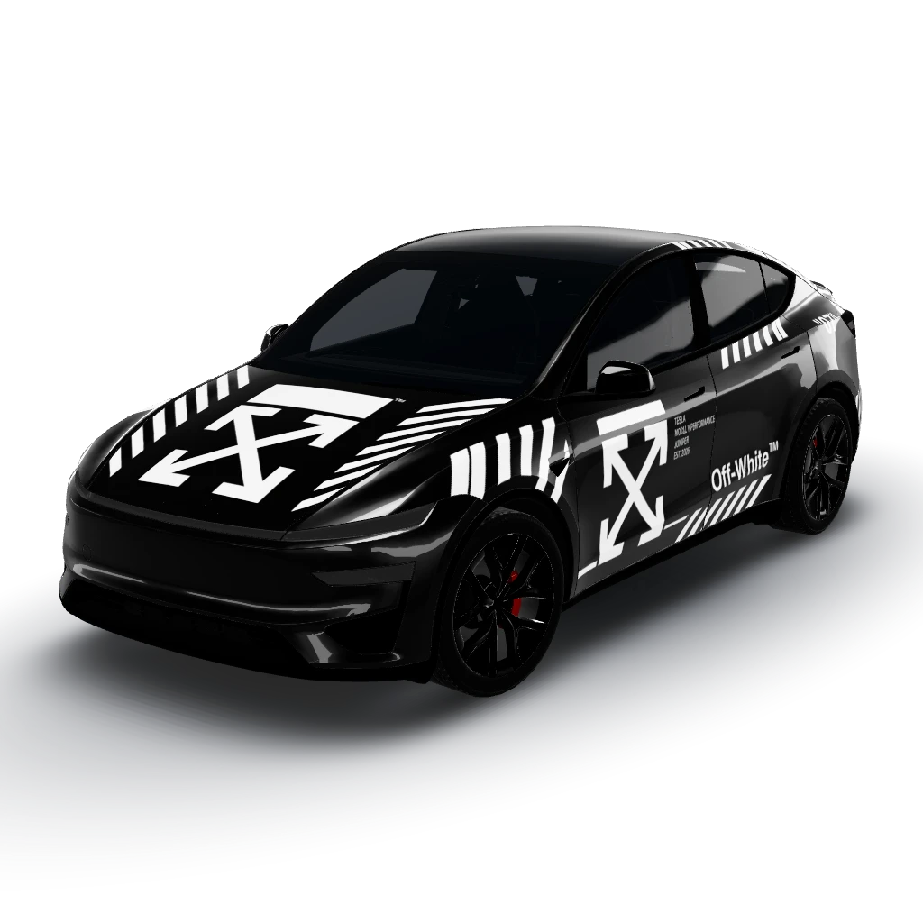 It like this Black car with those white — a Model Y (2025+) Performance wearing this AI wrap design