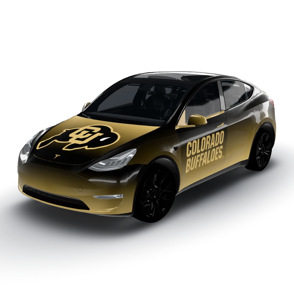 Car color is black that fades to gold — a Model Y wearing this AI wrap design