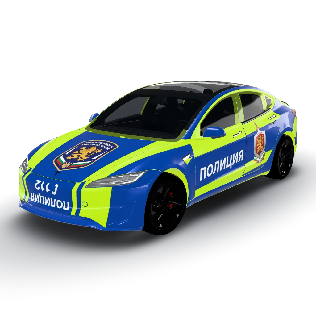 Bulgarian police car style — a Model 3 (2024+) Performance wearing this AI wrap design