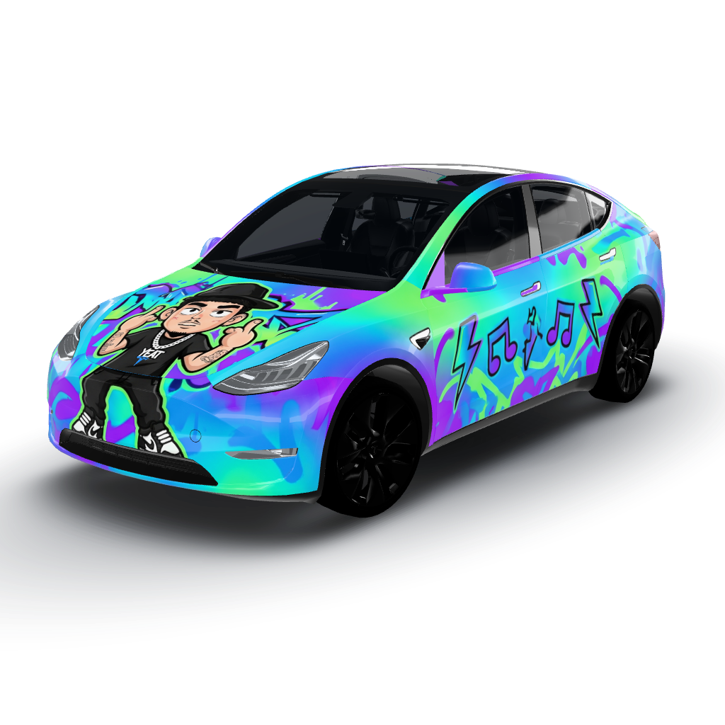 Vibrant color palette dominated by electric — a Model Y wearing this AI wrap design