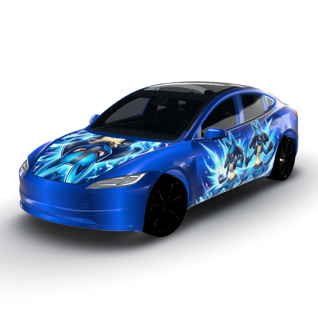 We'll incorporate dynamic energy effects — a Model 3 (2024+) Standard & Premium wearing this AI wrap design
