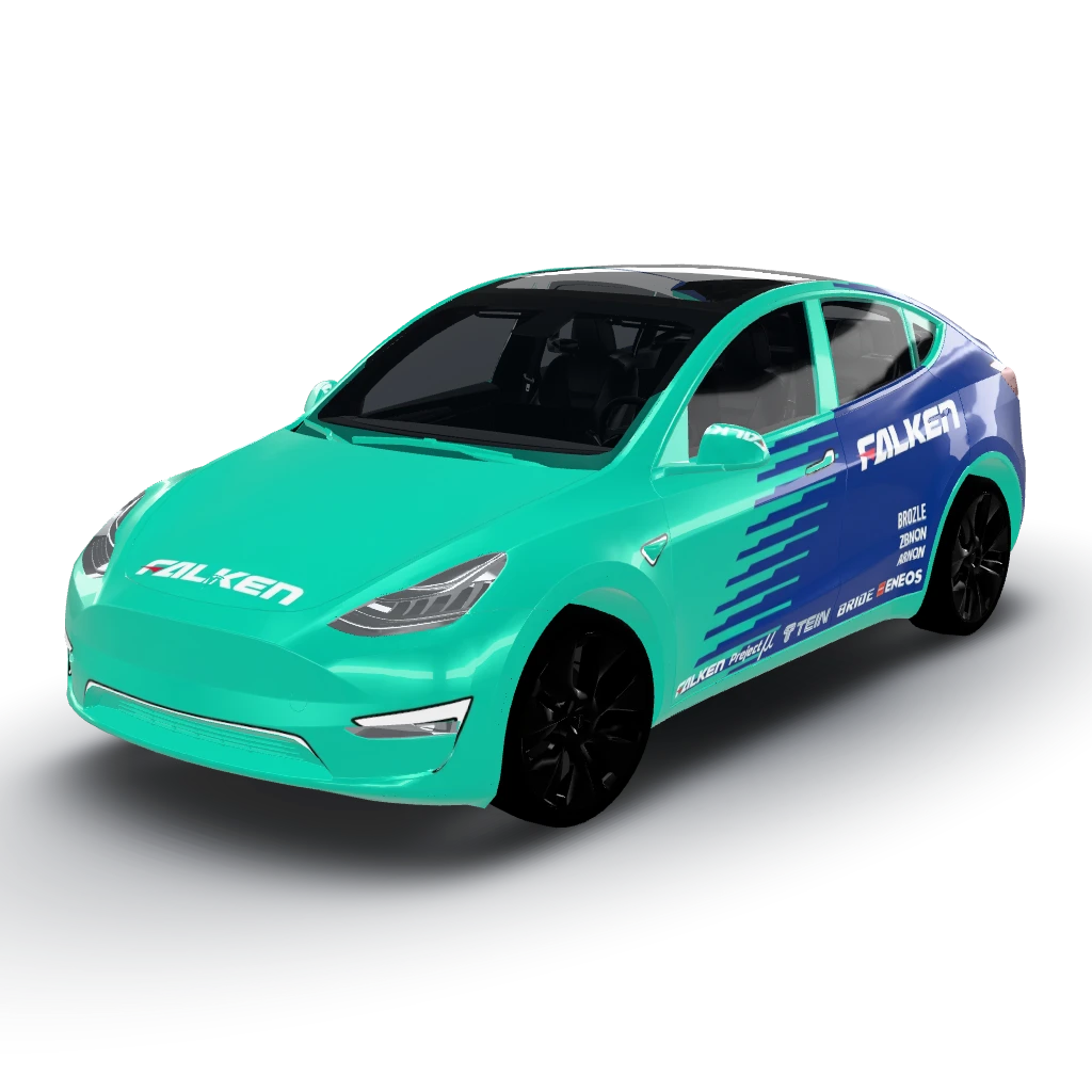 Rear hatch and bumper blue — a Model Y wearing this AI wrap design