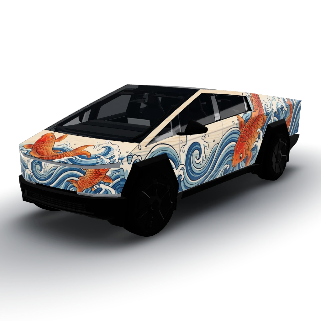 Koi fish and waves, ukiyo-e woodblock style — a Cybertruck wearing this AI wrap design
