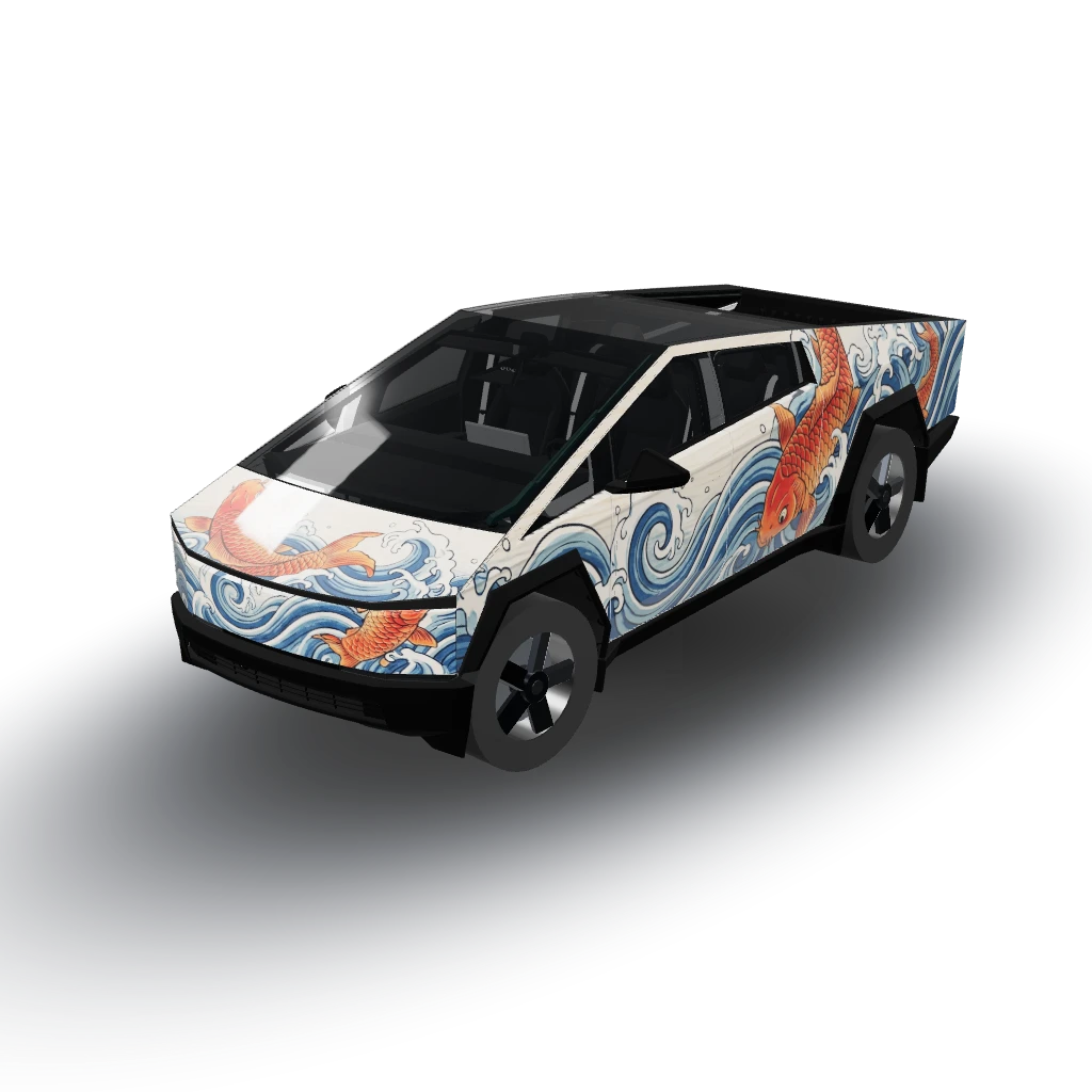 Koi fish and waves, ukiyo-e woodblock style — a Cybertruck wearing this AI wrap design