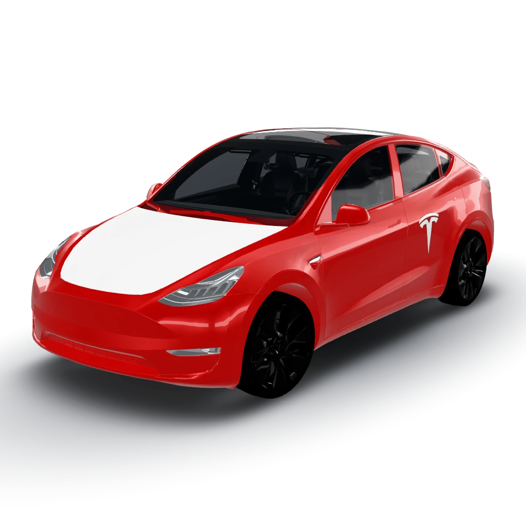 Gloss ultra red background with the Tesla — a Model Y wearing this AI wrap design