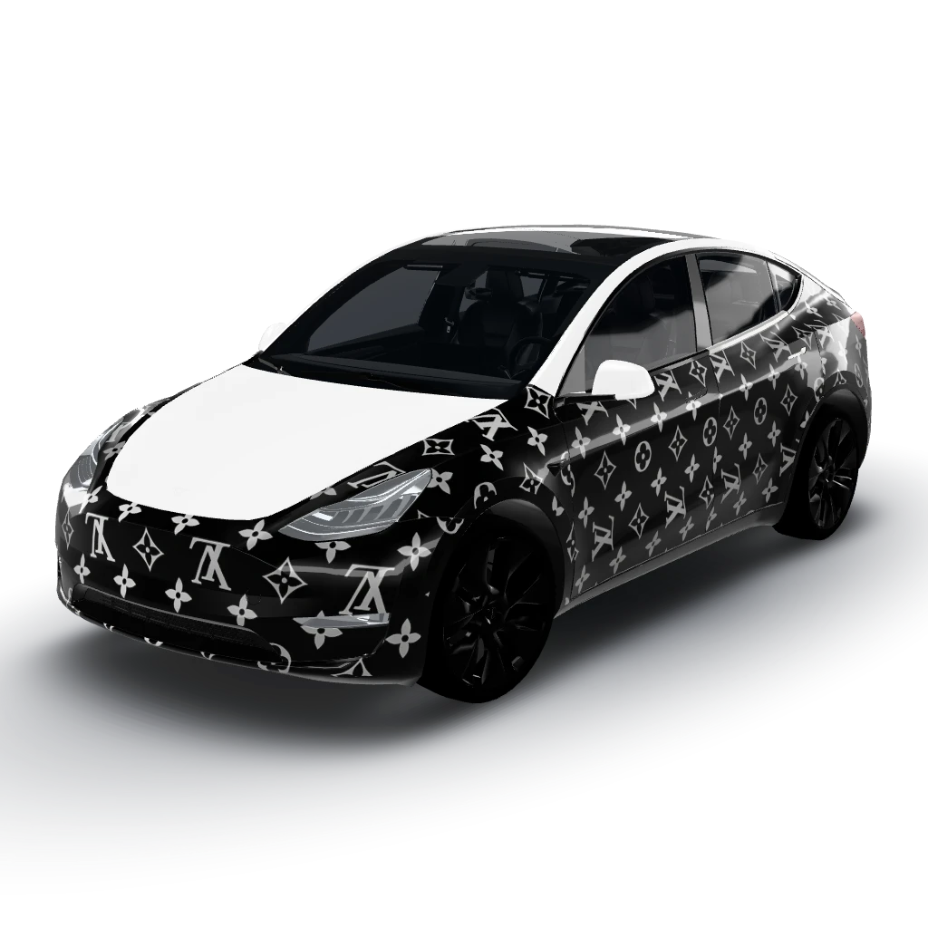 Apply a luxury Louis Vuitton-inspired — a Model Y wearing this AI wrap design