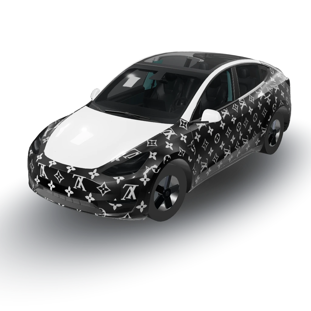 Apply a luxury Louis Vuitton-inspired — a Model Y wearing this AI wrap design