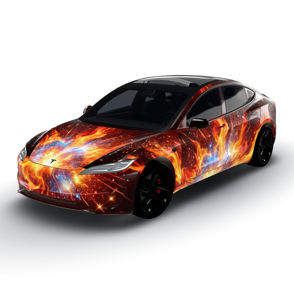 Fire, sparkles and explosion energy — a Model 3 (2024+) Performance wearing this AI wrap design