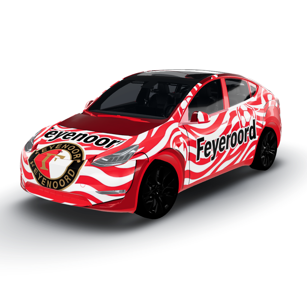 Features a bold red and white color — a Model Y wearing this AI wrap design