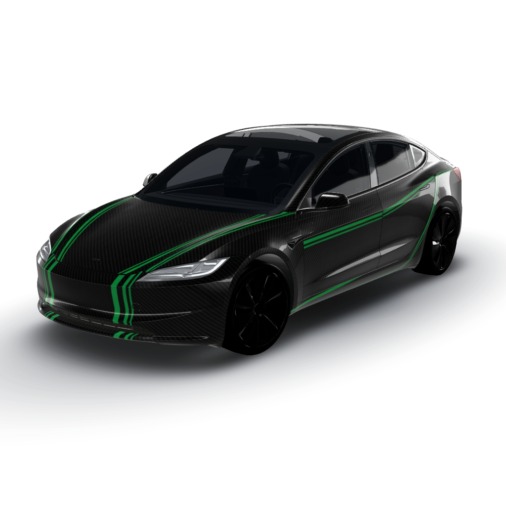 Matte black with a subtle carbon-fiber — a Model 3 (2024+) Standard & Premium wearing this AI wrap design