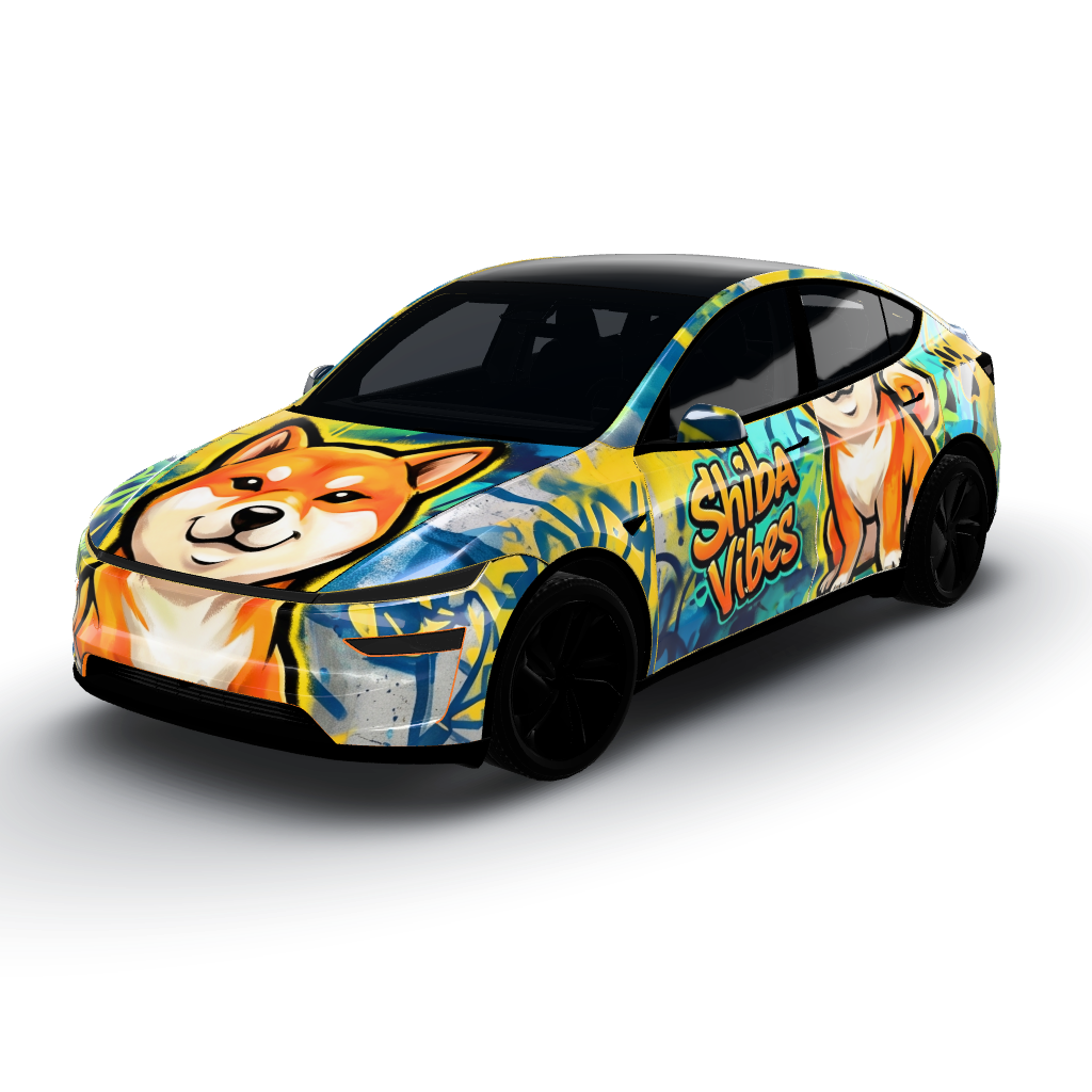 Artwork features a vibrant graffiti style — a Model Y (2025+) Premium wearing this AI wrap design