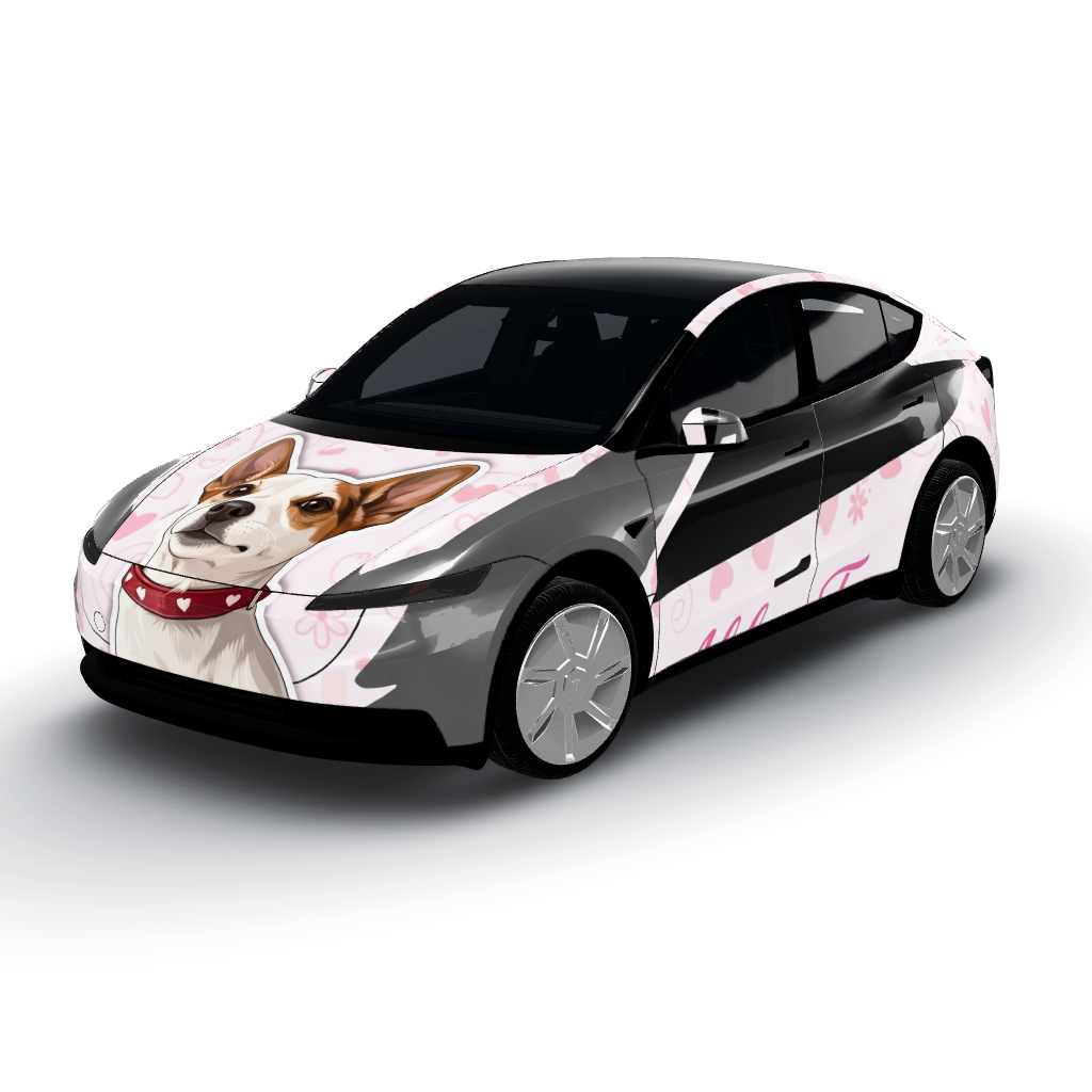 Features a soft white base color that sets — a Model Y (2025+) Standard wearing this AI wrap design