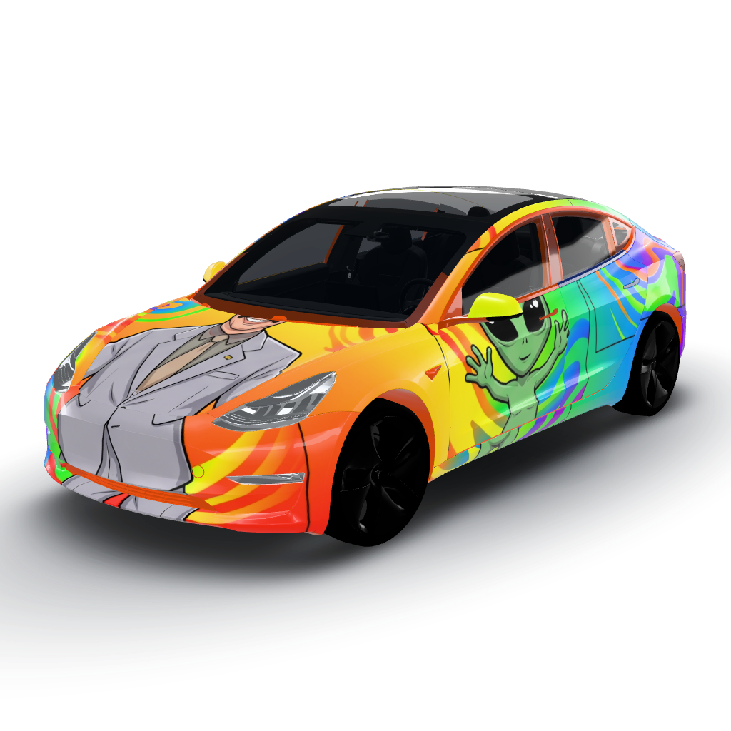 Artwork features a vibrant rainbow color — a Model 3 wearing this AI wrap design