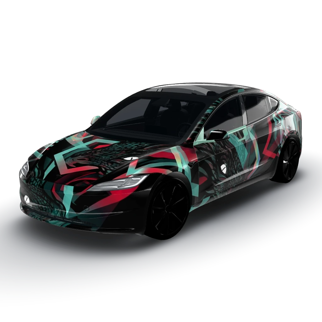 White eyes black dragon theme — a Model 3 (2024+) Standard & Premium wearing this AI wrap design