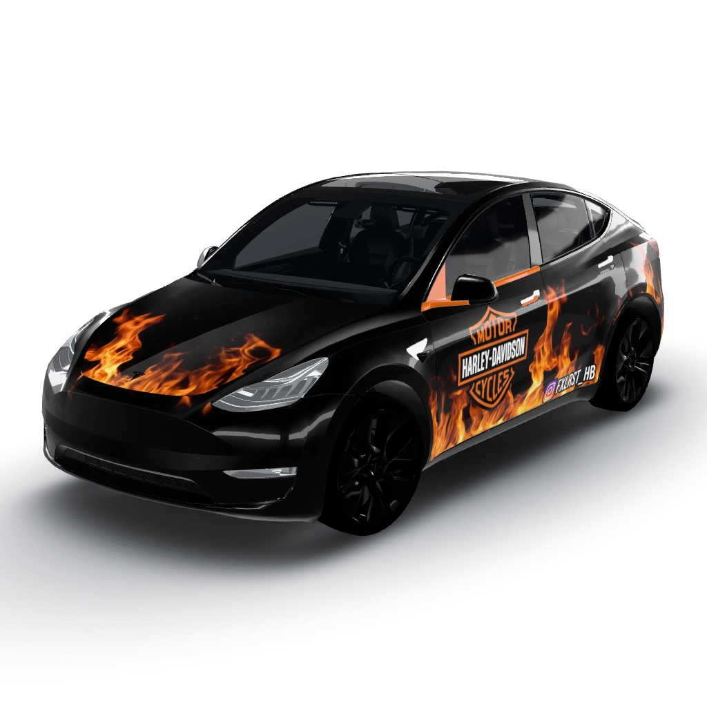 Instagram tag @FXLRST_HB will be placed — a Model Y wearing this AI wrap design