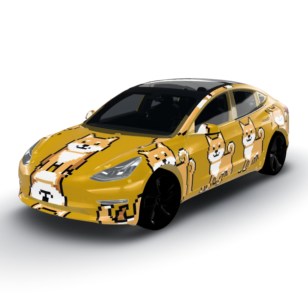 8-bit pixel shiba inu on gold — a Model 3 wearing this AI wrap design