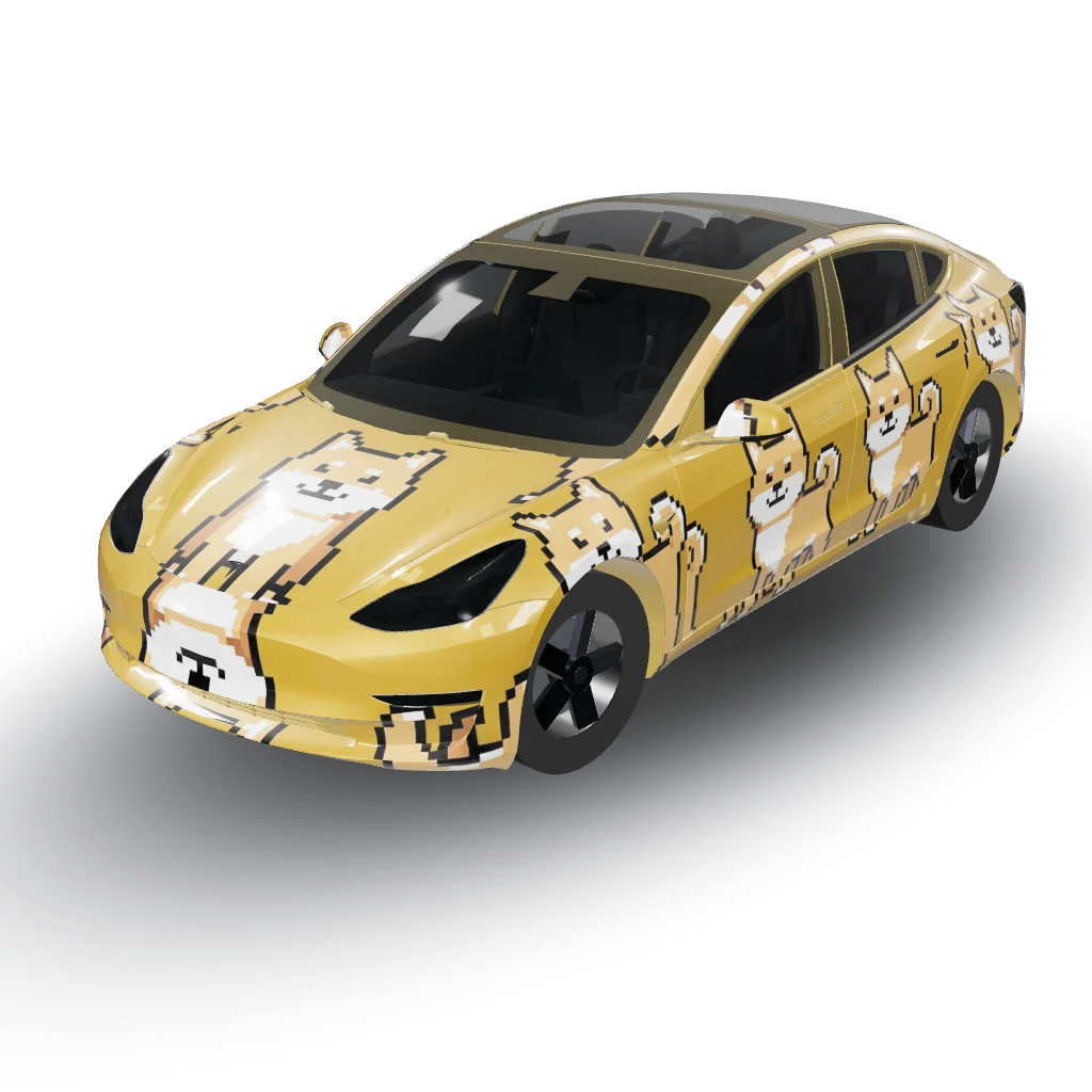 8-bit pixel shiba inu on gold — a Model 3 wearing this AI wrap design