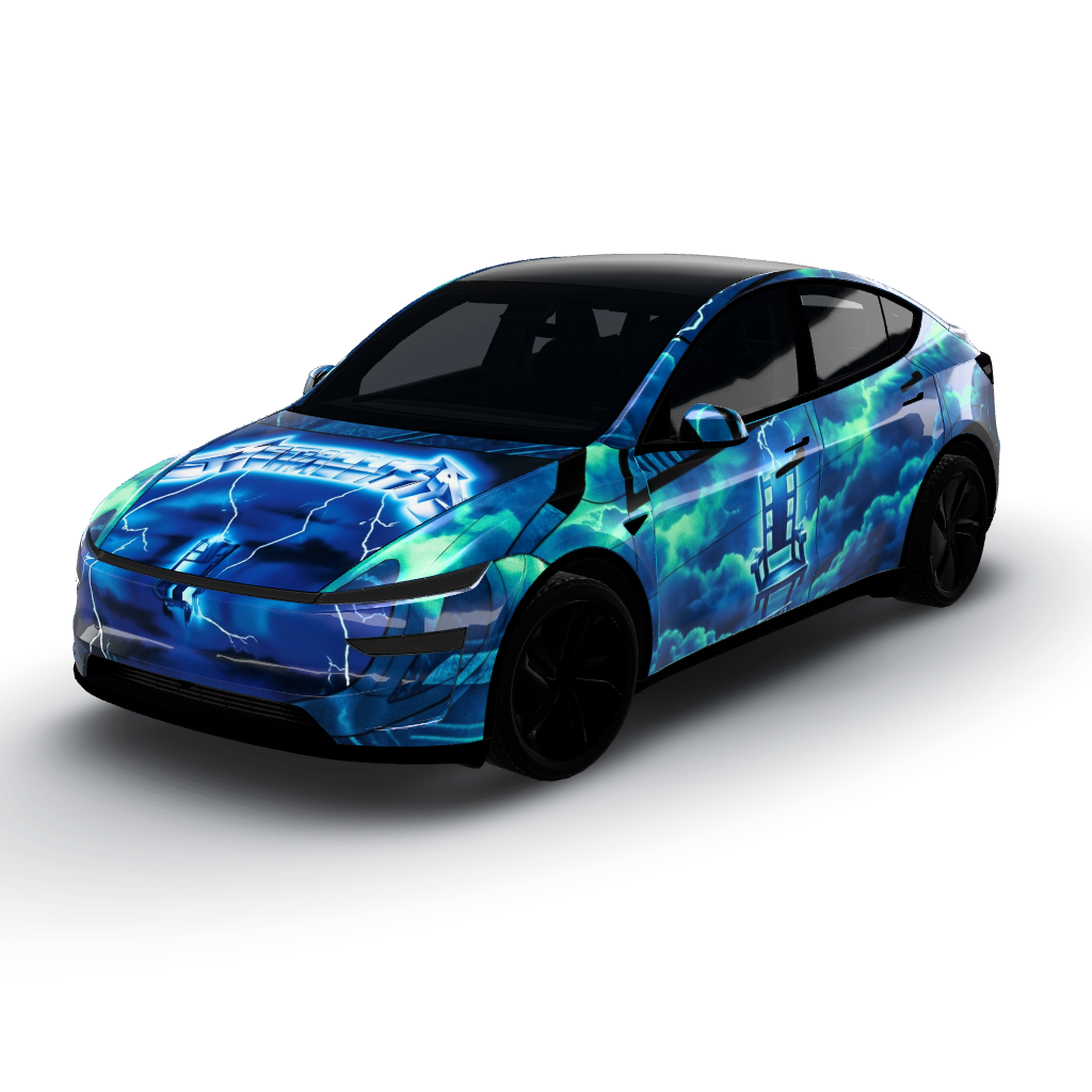 Artwork features a bold color palette — a Model Y (2025+) Premium wearing this AI wrap design