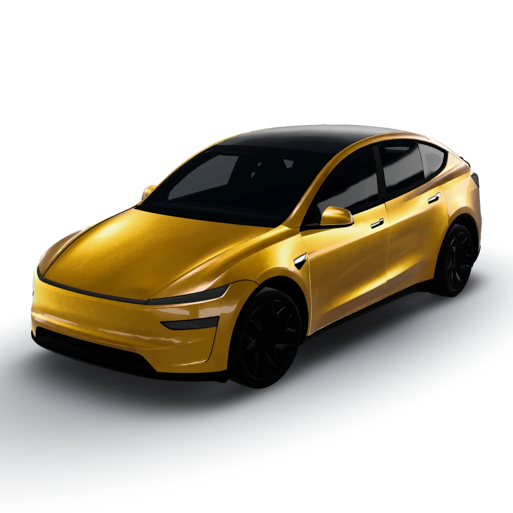 Gold Metallic — a Model Y L wearing this AI wrap design