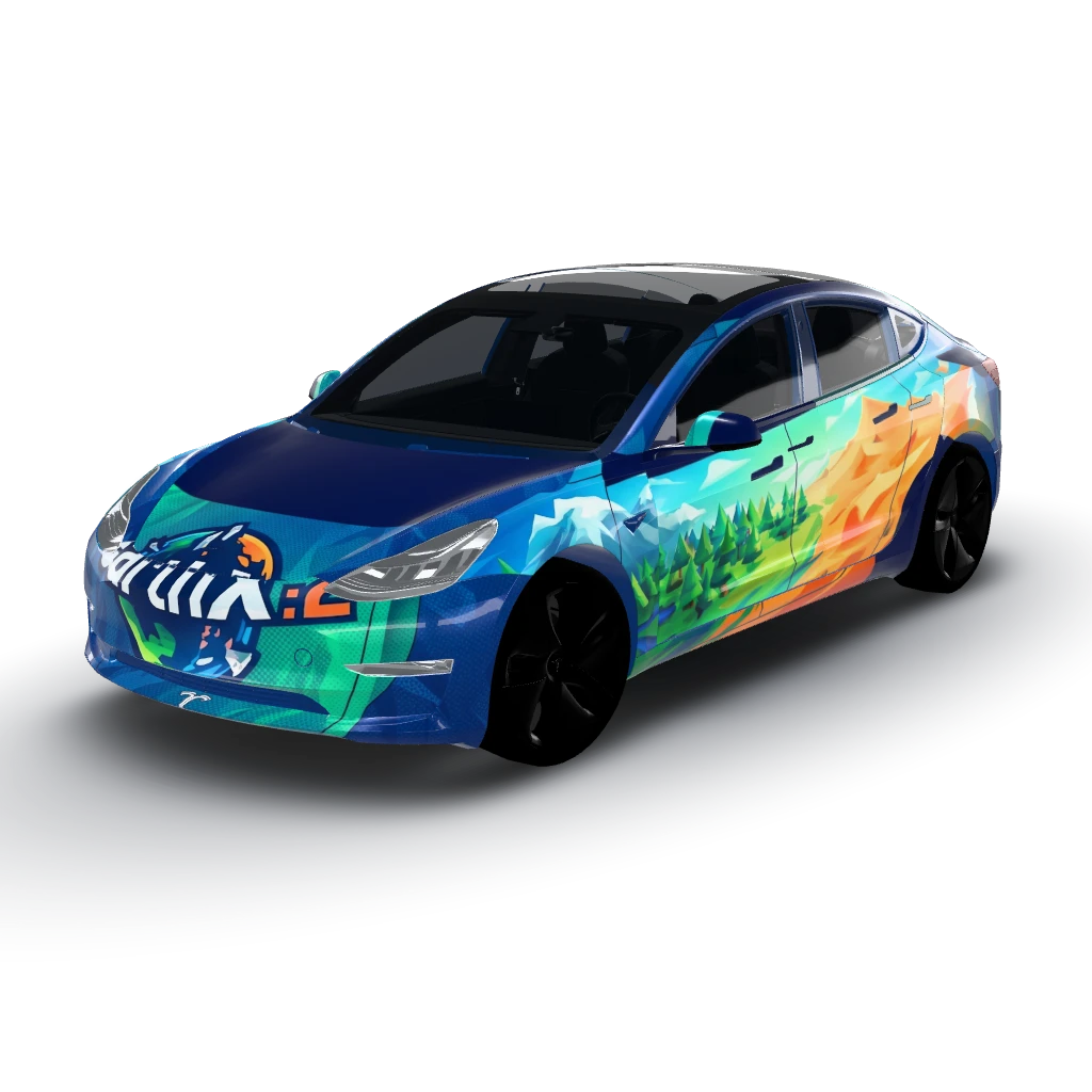 Features a vibrant and dynamic color — a Model 3 wearing this AI wrap design