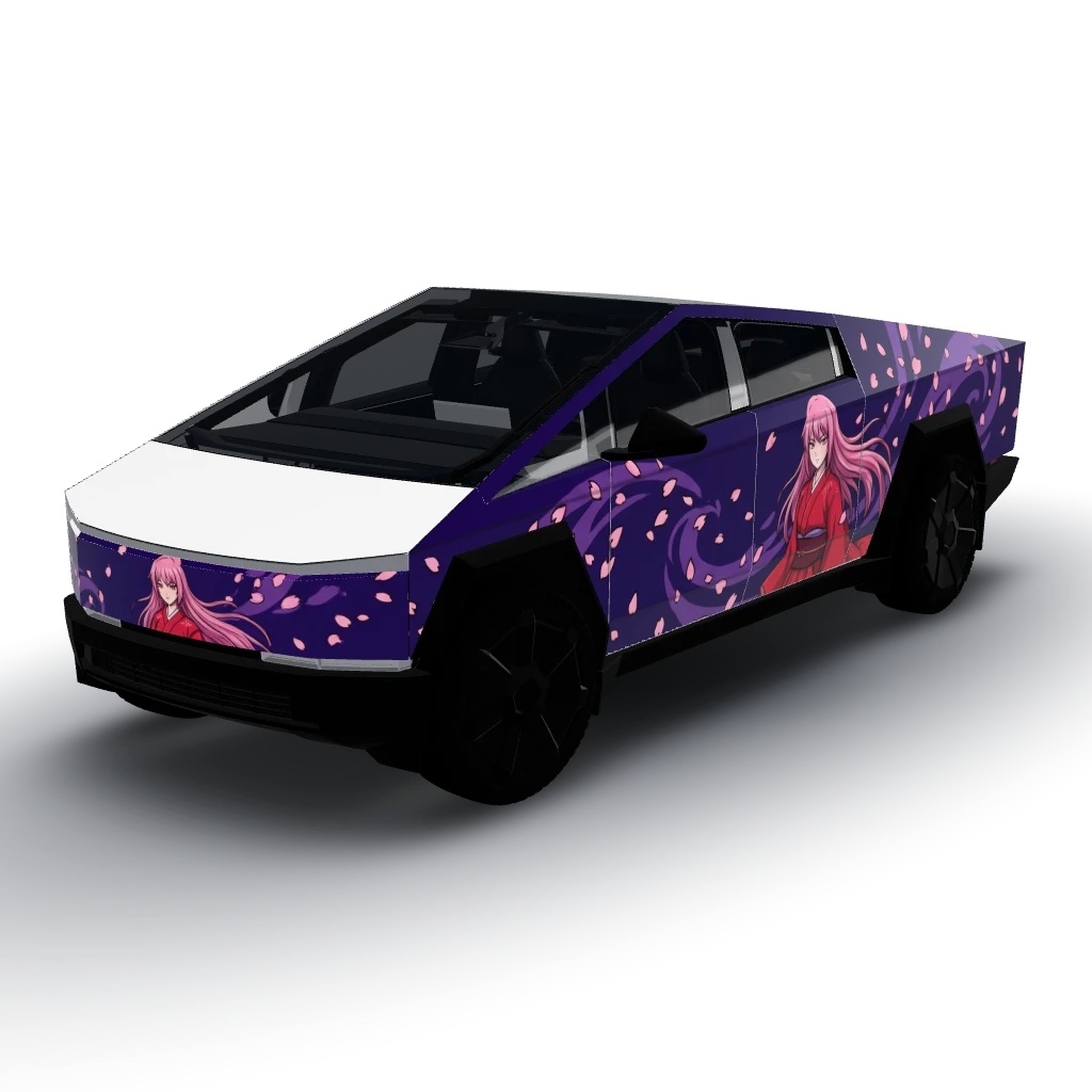 Anime samurai girl with long pink hair — a Cybertruck wearing this AI wrap design