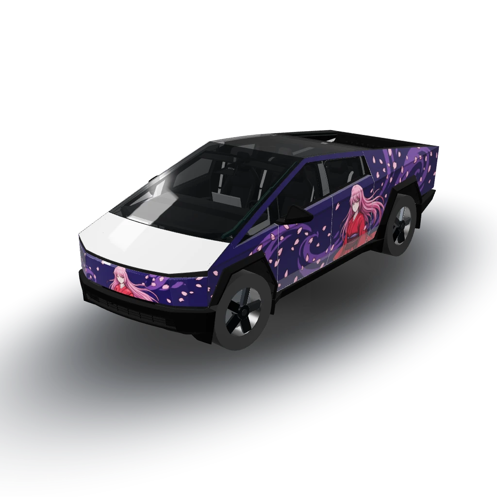 Anime samurai girl with long pink hair — a Cybertruck wearing this AI wrap design