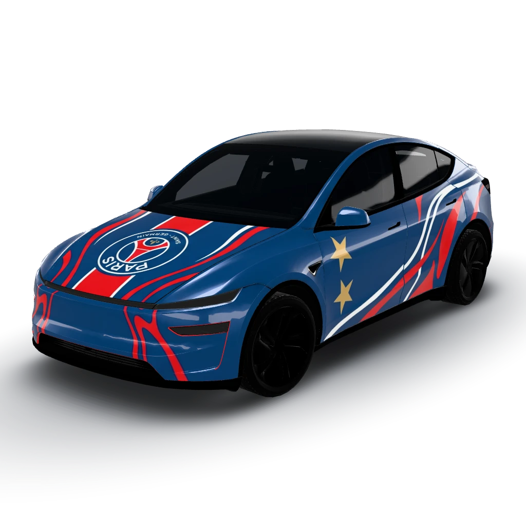 Deep Hechter blue as the dominant color — a Model Y (2025+) Premium wearing this AI wrap design