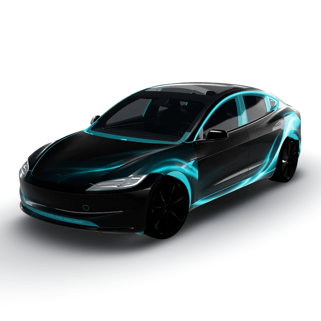 Deep obsidian pitch-black gloss background — a Model 3 (2024+) Standard & Premium wearing this AI wrap design