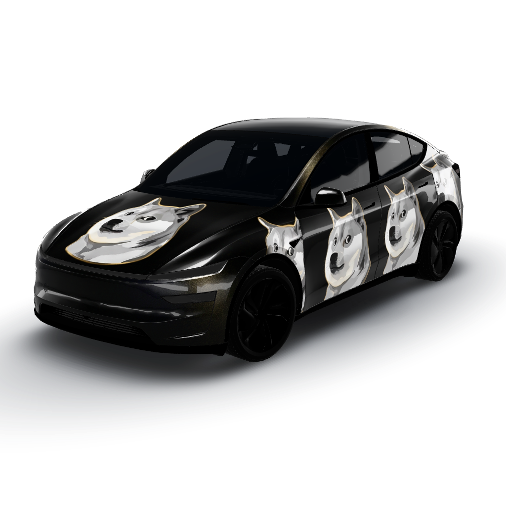 Doge head chrome emblem, badge style — a Model Y (2025+) Premium wearing this AI wrap design