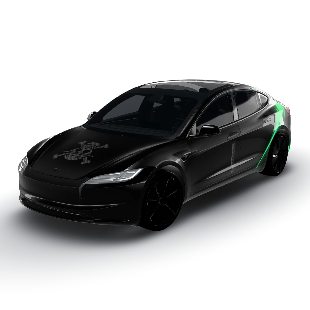 Deep obsidian pitch-black gloss background — a Model 3 (2024+) Standard & Premium wearing this AI wrap design