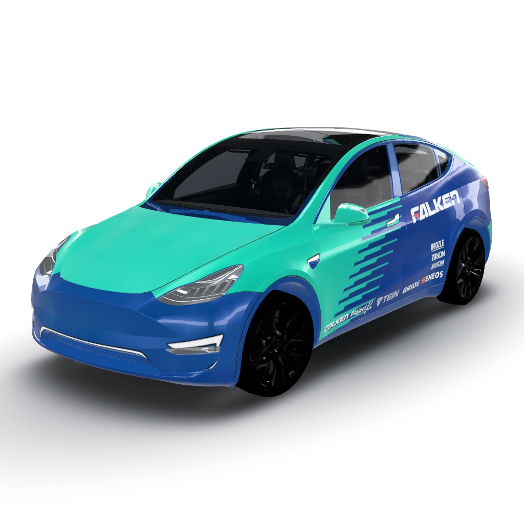 Rear hatch and bumper blue — a Model Y wearing this AI wrap design