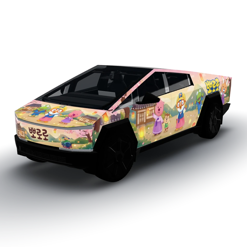 Cyberpunk neon grid on a dark base — a Cybertruck wearing this AI wrap design