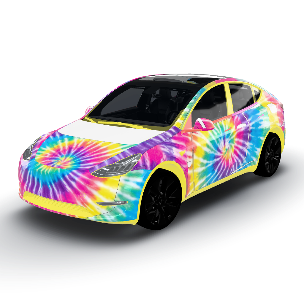 Vibrant tie-dye pattern bursts — a Model Y wearing this AI wrap design