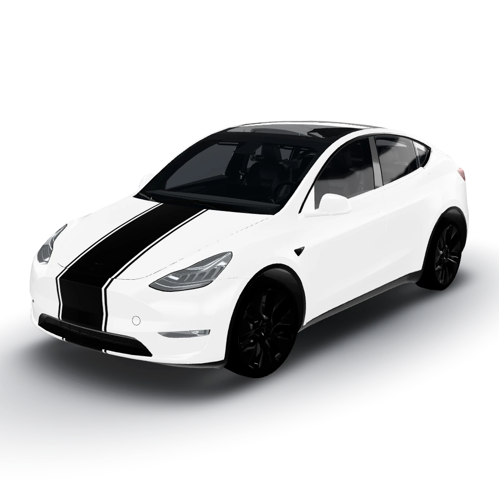 White roof white car with black strip all — a Model Y wearing this AI wrap design