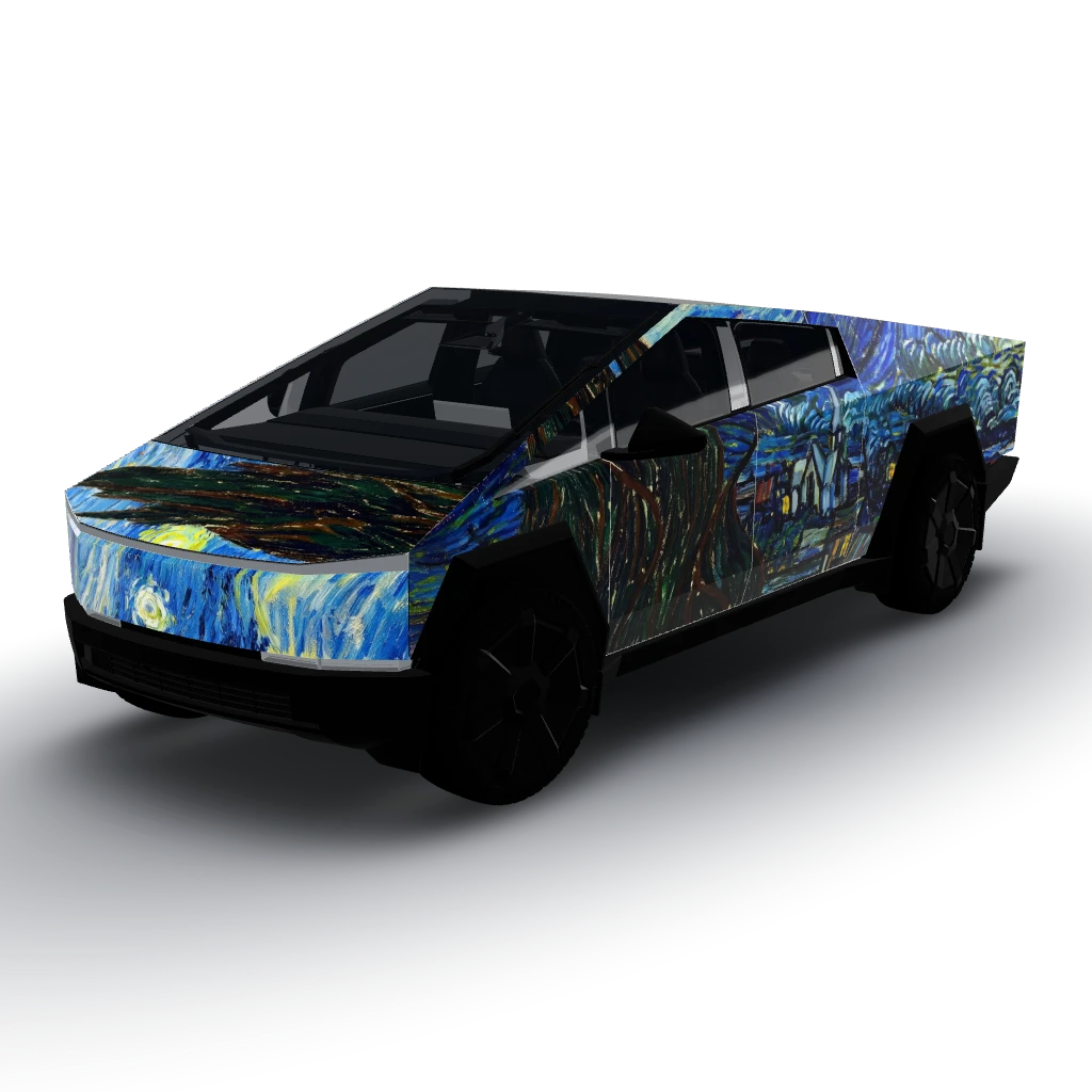 Starry night painting — a Cybertruck wearing this AI wrap design
