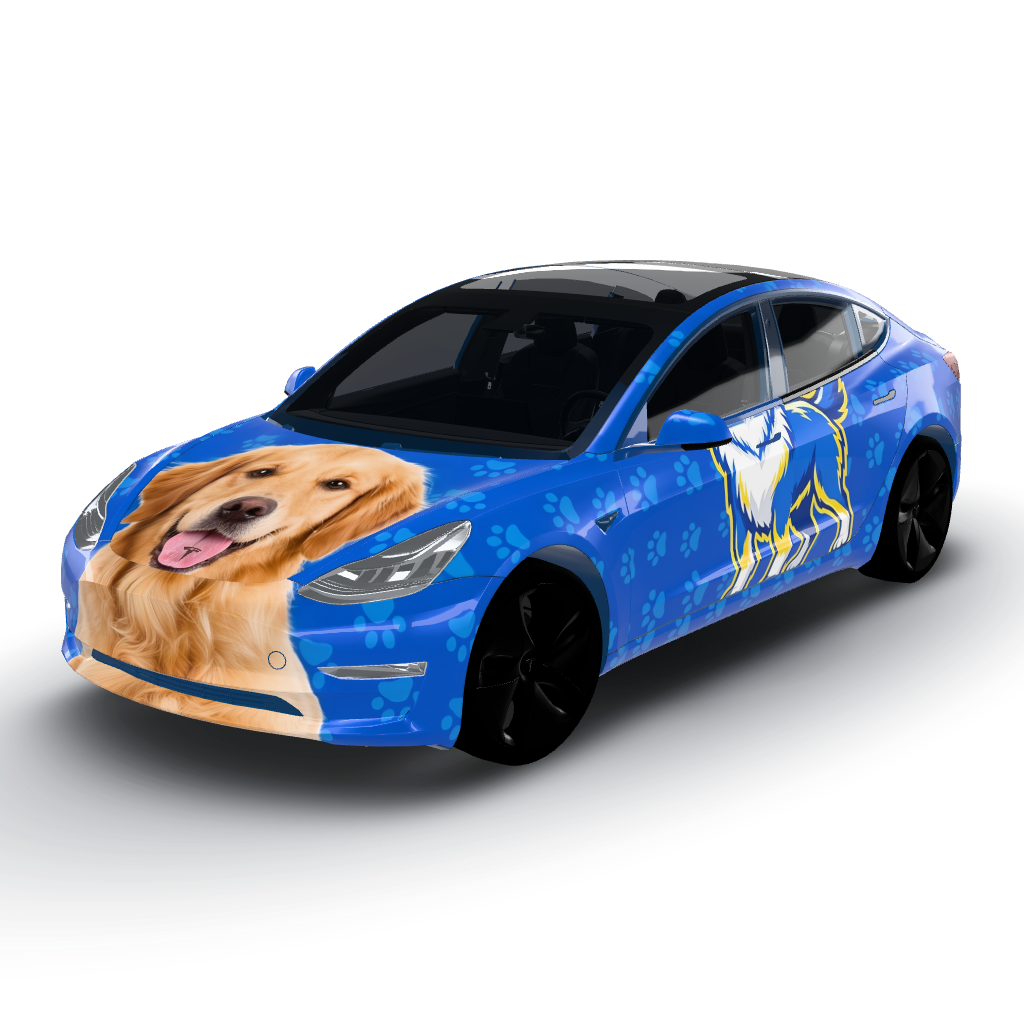 Features a striking, vibrant color palette — a Model 3 wearing this AI wrap design