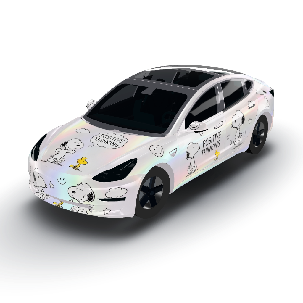 White chrome with snoppy dog — a Model 3 wearing this AI wrap design