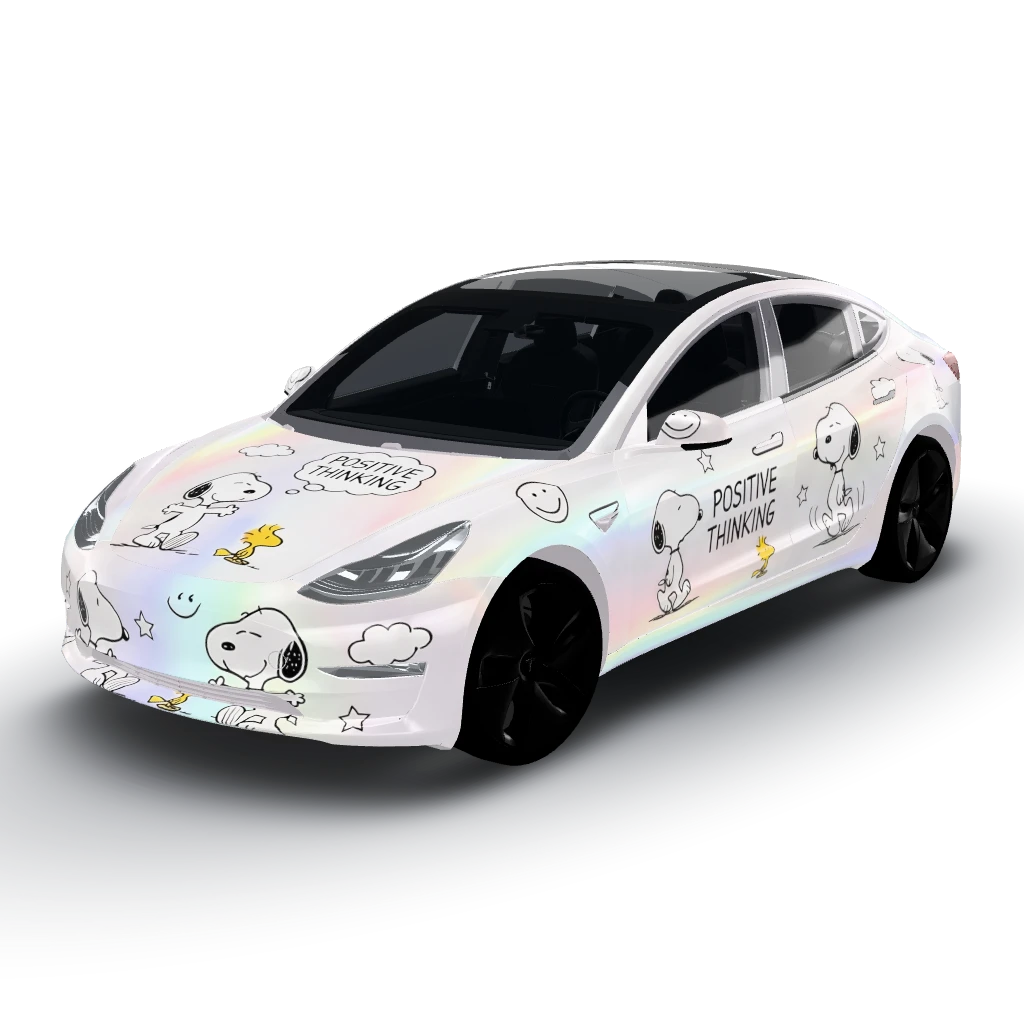 White chrome with snoppy dog — a Model 3 wearing this AI wrap design