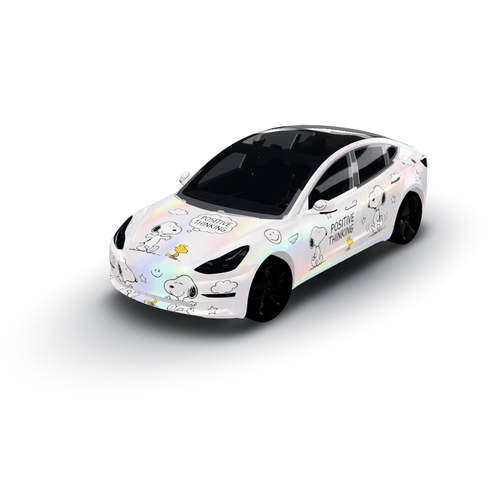 White chrome with snoppy dog — a Model 3 wearing this AI wrap design
