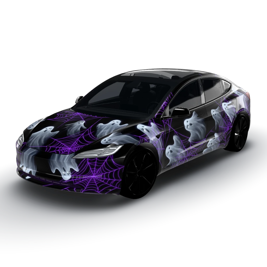 Black background with realistic-looking — a Model 3 (2024+) Standard & Premium wearing this AI wrap design