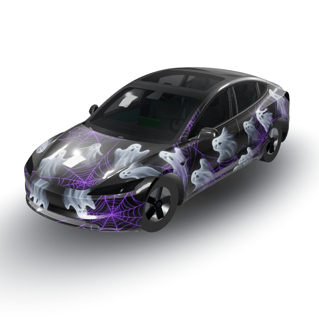 Perfect! — a Model 3 (2024+ Base) wearing this AI wrap design