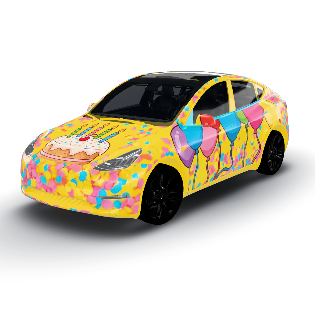 Artwork is a vibrant celebration of a 5th — a Model Y wearing this AI wrap design