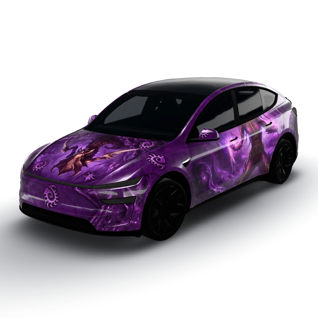 Kerrigan in an attacking pose facing — a Model Y L wearing this AI wrap design