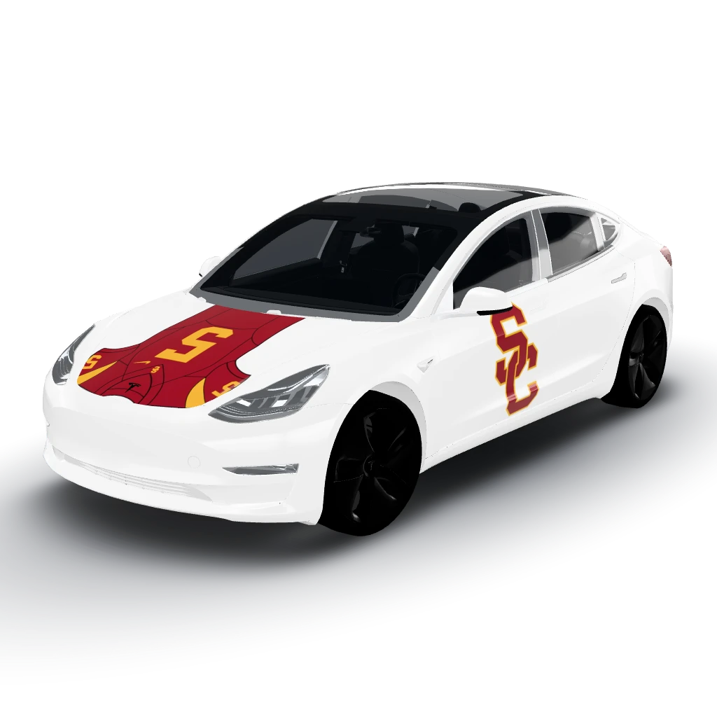 White - Large USC football logos on both — a Model 3 wearing this AI wrap design